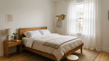 Obraz premium A cozy bedroom scene featuring a wooden bed with white bedding,