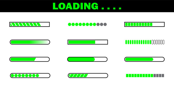 Green loading progress bar icon set with various styles. striped indicators.
