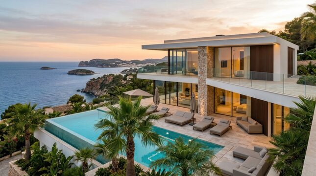 A luxurious modern house with an expansive infinity pool overlooking a serene ocean at sunset.
