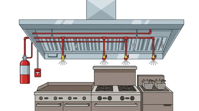 Fire safety equipment is shown in an industrial kitchen with a fire extinguisher and a hood fire suppression system over cooking equipment.