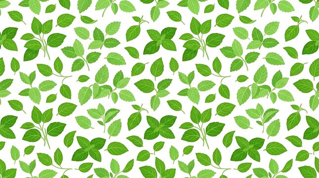 Seamless pattern of fresh green mint leaves on white background