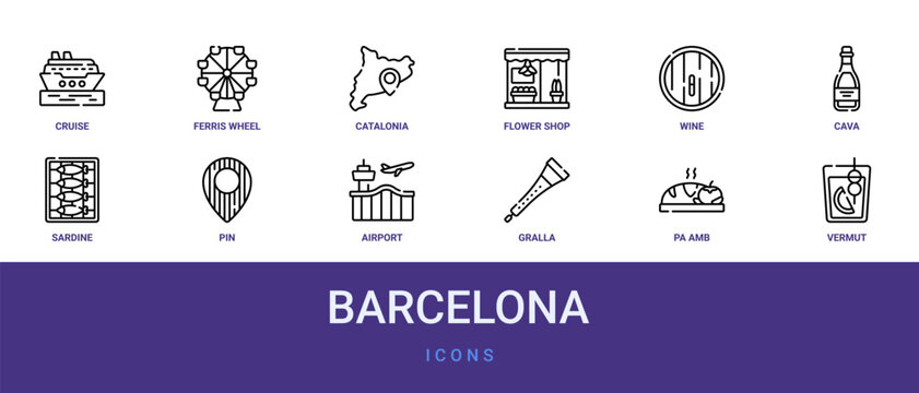 Set of 12 outline web Barcelona icons such as vermut, pa amb tomaquet, gralla, airport, pin, sardine, cava vector icons for report, presentation, diagram, web design, mobile app