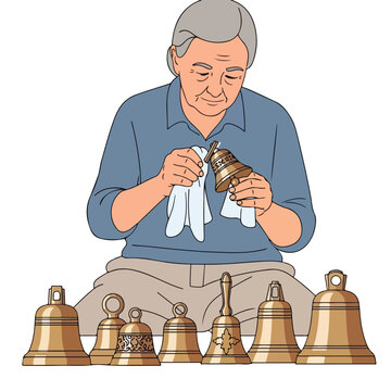 Elderly person polishing metal hand bells in a room