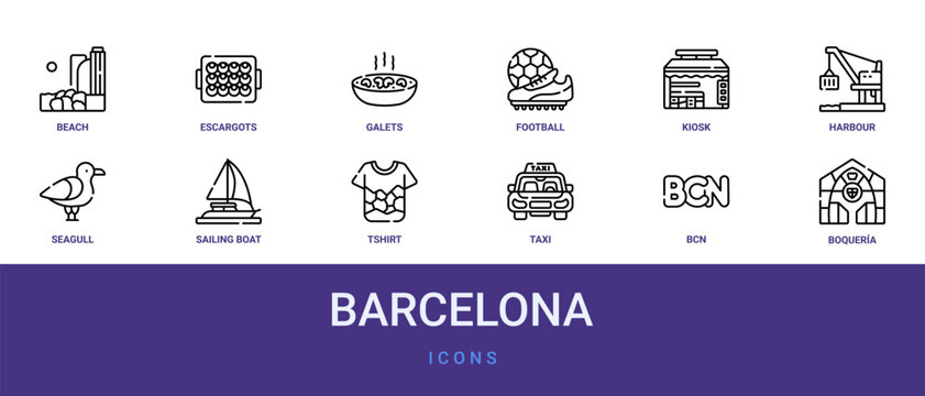 Set of 12 outline web Barcelona icons such as boquer&iacute;a, bcn, taxi, tshirt, sailing boat, seagull, harbour vector icons for report, presentation, diagram, web design, mobile app
