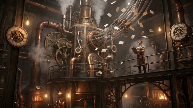Worker on a catwalk inspecting a massive steampunk brass machine processing flying paperwork in an industrial factory.