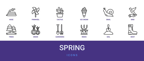 Set of 12 outline web Spring icons such as boot, soil, reeds, gardening tools, onion, trees, bird vector icons for report, presentation, diagram, web design, mobile app © Izzat