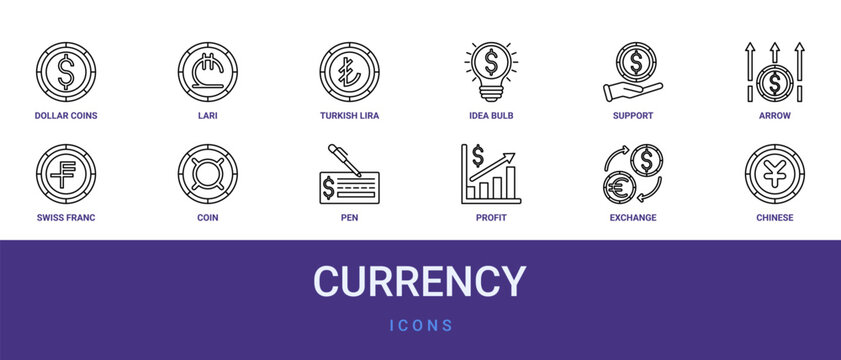 Set of 12 outline web Currency icons such as chinese, exchange, profit, pen, coin collecting, swiss franc, arrow vector icons for report, presentation, diagram, web design, mobile app