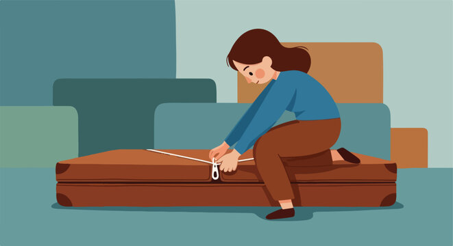 Person zipping up a suitcase for travel on a tiled floor