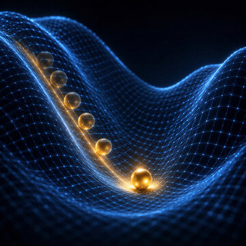 Golden ball rolling down glowing wireframe valley, gradient descent algorithm concept