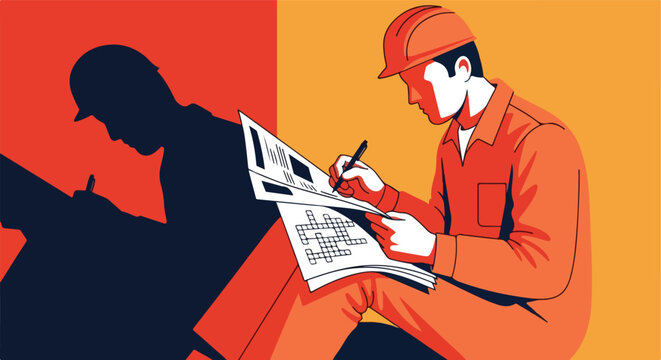Worker in hard hat solving crossword puzzle with pen, graphic illustration