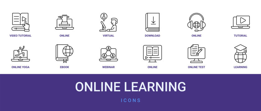 Set of 12 outline web Online Learning icons such as learning, online test, online education, webinar, ebook, online yoga, tutorial vector icons for report, presentation, diagram, web design, mobile