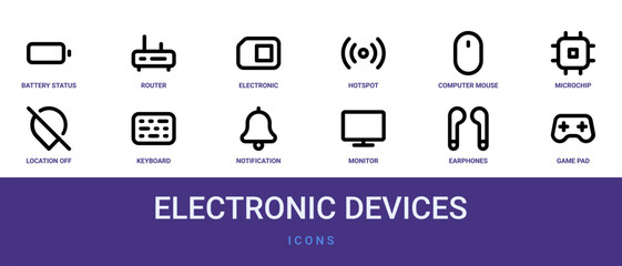 Set of 12 outline web Electronic Devices icons such as game pad, earphones, monitor, notification bell, keyboard, location off, microchip vector icons for report, presentation, diagram, web design, © Izzat