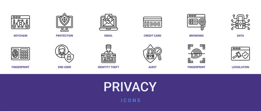 Set of 12 outline web Privacy icons such as legislation, fingerprint, audit, identity theft, end user, fingerprint scanner, data encryption vector icons for report, presentation, diagram, web