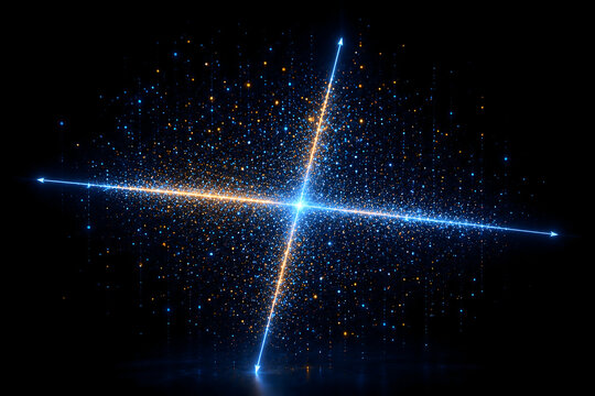 Scattered particle cloud aligned along two glowing axes, PCA dimensionality reduction concept