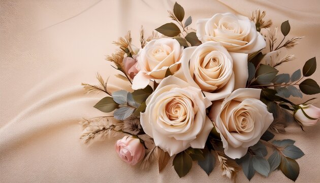Elegant Antique Rose Bouquet With Delicate Petals Arranged On A Soft Textured Beige Background Evoking Timeless Beauty