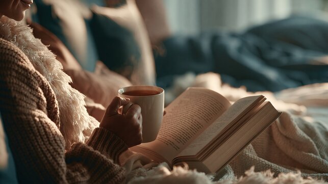 A relaxed employee taking a sanctioned mental break with tea and a good book.