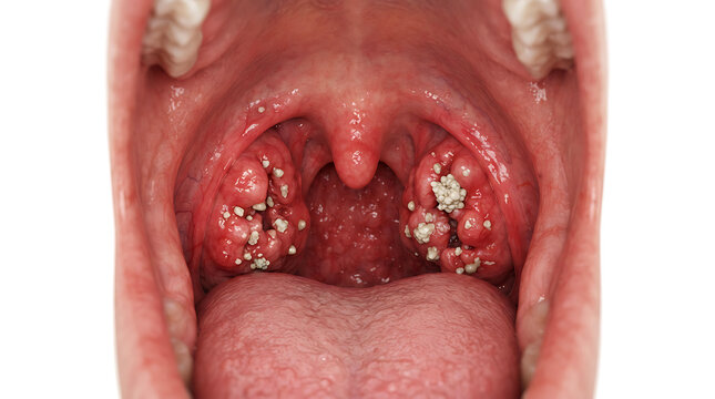Swollen tonsils with white pus deposits, close-up view