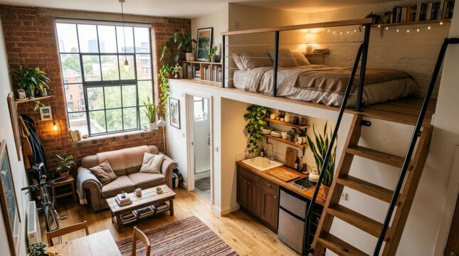 A cozy, modern loft with a loft bed, stairs, a brick wall, a sofa,