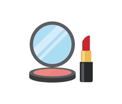 Cosmetic compact mirror and red lipstick isolated on white background flat vector design.