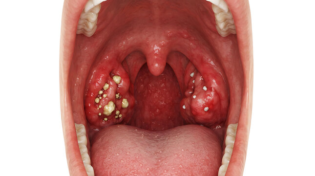 Close-up of infected throat with visible tonsil stones