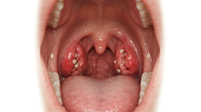 Enlarged tonsils and pharynx with redness and swelling