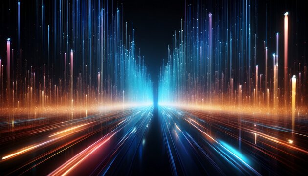Abstract Digital Background Featuring Vibrant Vertical Light Streaks And Glowing Particle Effects For Modern Cinematic Visuals