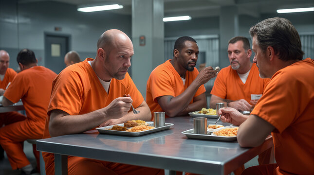 Inmates eating lunch together in prison cafeteria. Diverse group of male prisoners wearing orange uniforms having meal at metal table in correctional facility.