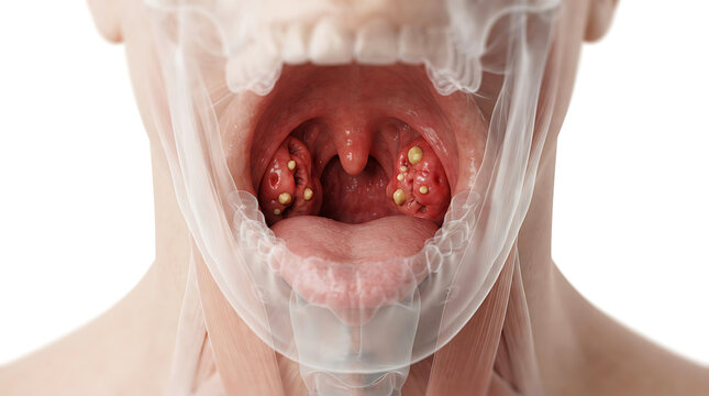 Enlarged tonsils with white tonsil stones visible