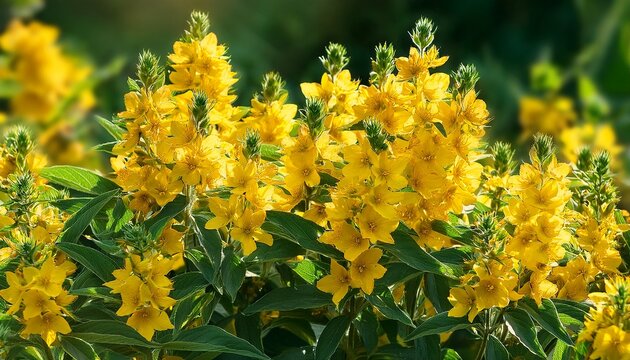 A Dense Vibrant Cluster Of Small Yellow Lysimachia Flowers Blooming Profusely Among Bright Green Leaves In The Sunlight