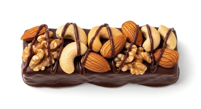 A gourmet protein energy bar coated in dark chocolate and topped with crunchy almonds, cashews, and walnuts with a decadent cocoa drizzle, studio shot, fiber, tasty