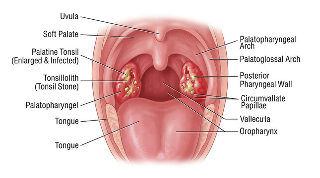 Infected tonsil with throat anatomy diagram, red inflammation