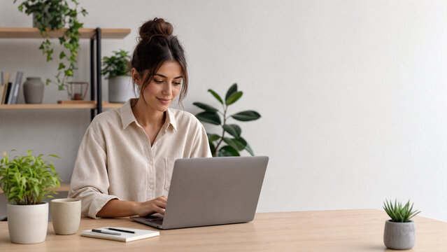 Young woman working on laptop at desk in bright minimalist home office, copy space. Concept of remote work, freelancing, study