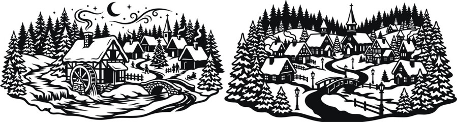 Naklejka premium Whimsical winter village scenes in black and white