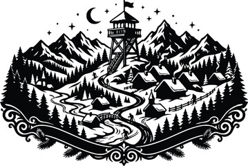 Naklejka premium Winter mountain village with a tower and ski resort