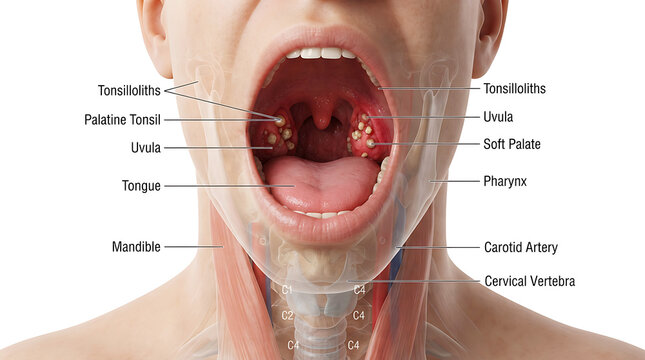 Severe tonsilloliths on tonsils and uvula, close-up