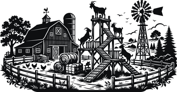 Vintage farm scene with goats barn and windmill woodcut style