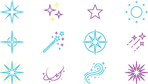 Magic sparkle stars and celestial icons collection featuring glowing twinkles, shooting stars, compass symbols, and decorative fantasy vector design set