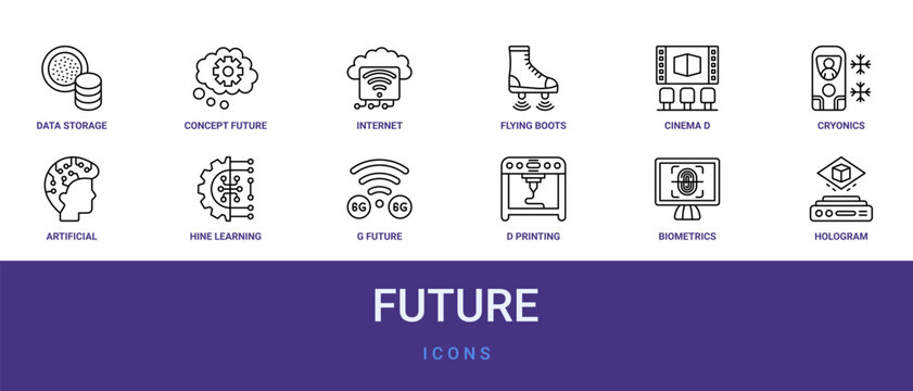 Set of 12 outline web Future icons such as hologram, biometrics, d printing, g from the future collection. Thin such as business, company. for use on web and mobile apps, logo, print media., hine