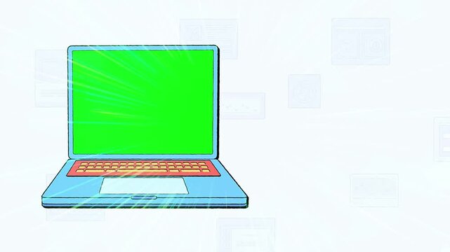 Animated cartoon laptop showing green screen chroma key display standing against a white background.