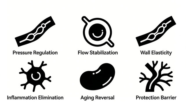 Complete display of vascular homeostasis regulation icons, regulating blood pressure, eliminating inflammation, reversing aging, enhancing vascular wall elasticity and protective ability

