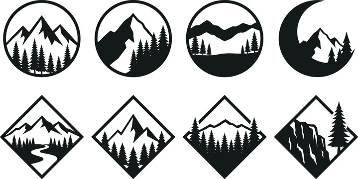 Mountain landscape badge set featuring rocky peaks forest pine trees and crescent moon for outdoor adventure logo design.