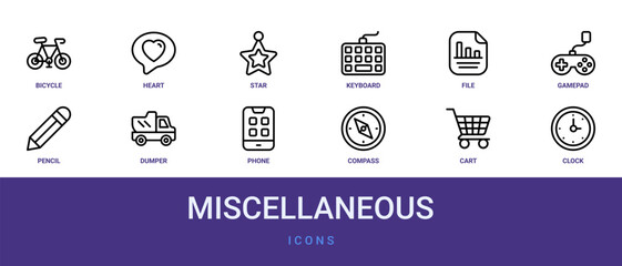 Set of 12 outline web Miscellaneous icons such as clock, cart, compass, phone, dumper, pencil, gamepad vector icons for report, presentation, diagram, web design, mobile app © Izzat