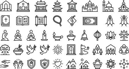 Fototapeta premium Global religion spirituality faith and sacred worship line icons set vector illustration for web design
