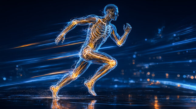 Glowing human skeleton, running fast, blue neon lights, motion blur, anatomy