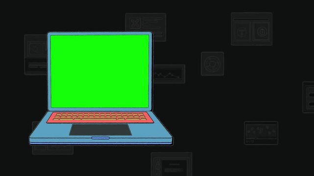 Animated cartoon laptop showing green screen chroma key display standing against a dark background.