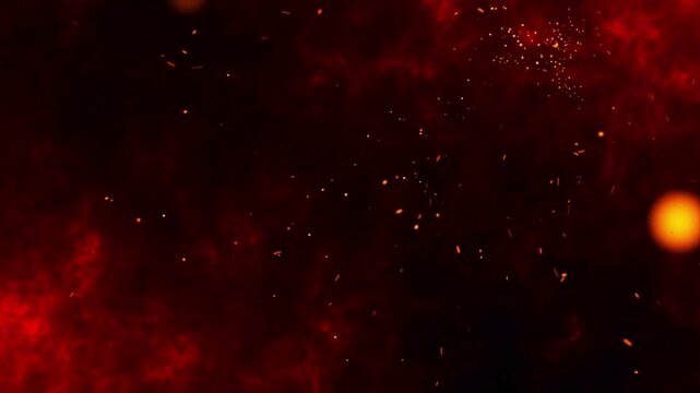 Intense abstract background loop featuring burning red cinematic smoke texture mixed with glowing fire embers and flying sparks.