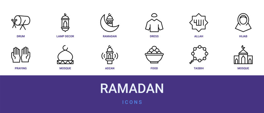 Set of 12 outline web Ramadan icons such as mosque, tasbih, food, adzan, mosque, praying, hijab vector icons for report, presentation, diagram, web design, mobile app