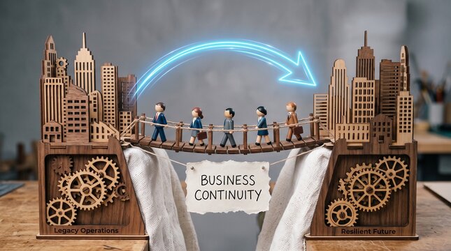 Business continuity concept with wooden miniature figures crossing a bridge, corporate risk management and disaster recovery planning, blue neon arrow