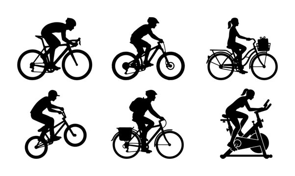 Diverse Bicycle Silhouettes Collection, 6 Vector Icons for Cycling Sports, Fitness, and Outdoor Recreation