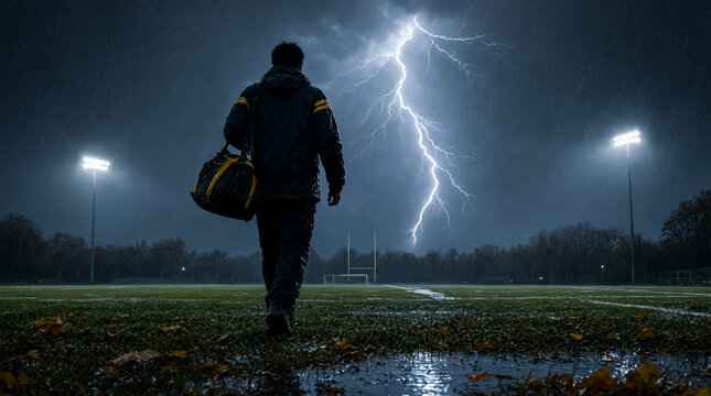 Man walking on wet football field at night, stormy weather, dark sports landscape, athlete with bag